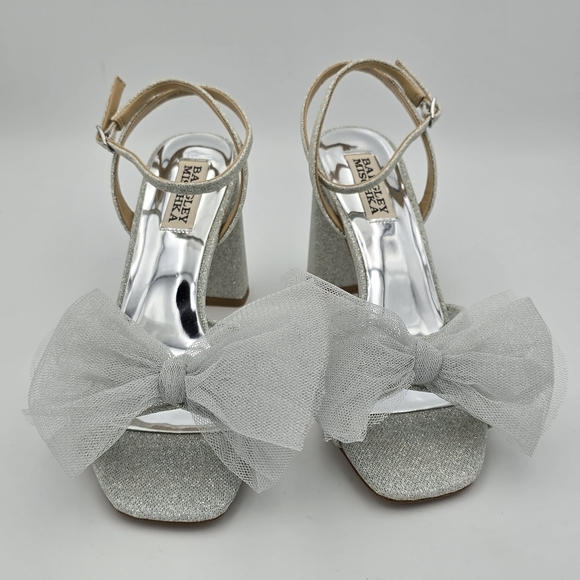 Badgley Mischka Tess Block Heel Sandals with Mesh Poof Bow, Silver Metallic, 6 - Picture 4 of 16